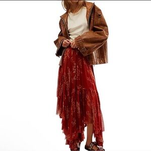 Free People One Clover Skirt — XS — Rust cream Floral Handkerchief Hem